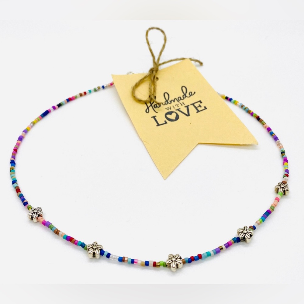 Multi-Color/Silver Flower Beaded Choker Necklace Boho Summer Preppy Coastal - Picture 5 of 6